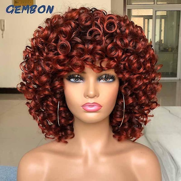 Kort Afro Krøllet Paryk Naturlig Blond Parykker Med Pandehår Cosplay Lolita Syntetiske Parykker Til Kvinder Varmebestandige Fibre Højdepunkt（14 Tommer，T1B-350R）