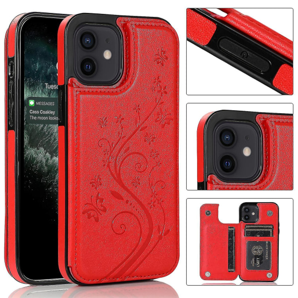 Veske Iphone 12 Mini med kortholder Pu skinn sommerfuglmønster (rødt)
