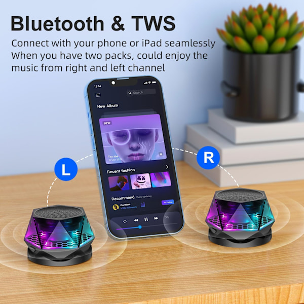 Magnetisk Diamant Bluetooth-högtalare, Liten Trådlös Högtalare med Multi-RGB Färg Ljusshow, Bärbar Telefonhållare för iPhone, Android, TWS-parning