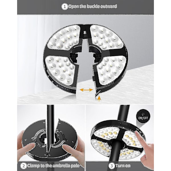 48 LED oppladbare parasollys - 3 lysmoduser - 72 timers trådløs LED-paraplylys