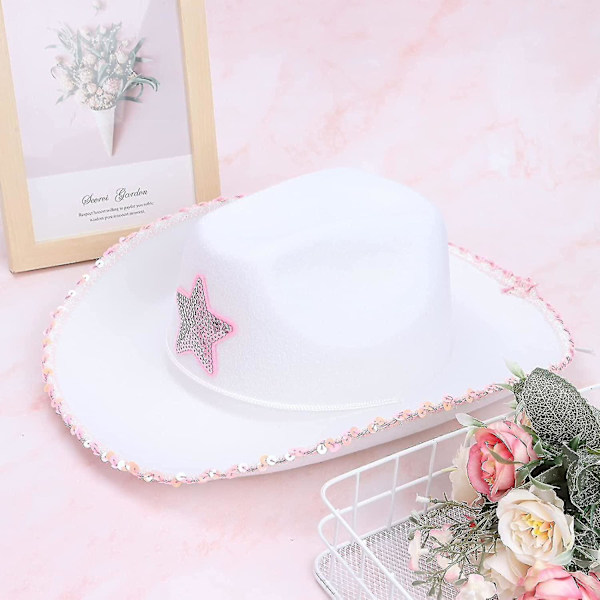 Vit Cowboyhatt i Filt, Prinsesshatt med Rosa Sekvensstjärna (Cowboy)