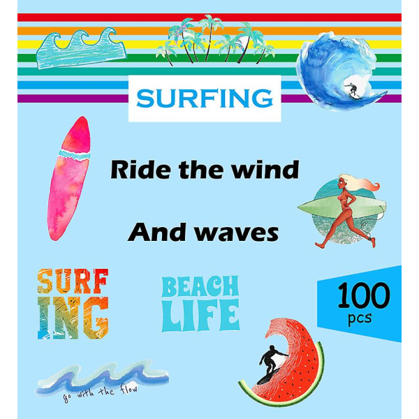 100 kpl Summer Beachy Surfing Tarrat, Vinyyli vedenpitävä tarrapakkaus, Sopii hyvin kannettaville tietokoneille, Chromebookeille, tableteille