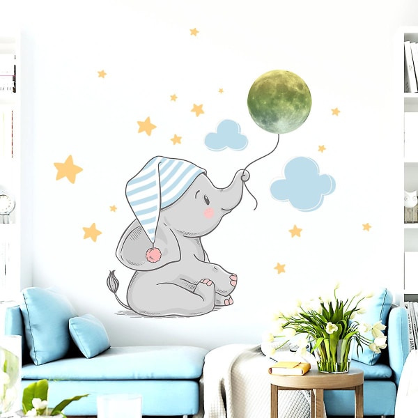 1 sæt Dejlig elefant med nathætte-vægklistermærke, lysende måne-vægdekorationer, skystjerne tegneserie-vægdekoration, aftageligt DIY-kunstvægmaleri til børn