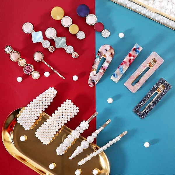28 st Hingwah Pärlor och Akryl Resin Hårklämmor, Handgjorda Hårspännen, Marmor Alligator Bobby Pins, Glitter Kristall Geometriska Hårnålar, Elegant G