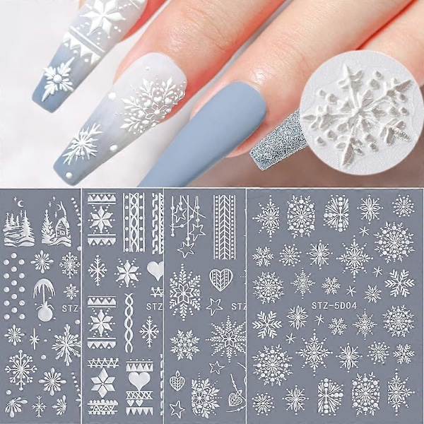 Snöflinga Nagelkonst Dekaler 5D Präglad Jul Fransk Vit Snöflinga Nagel Självhäftande Nagelkonst Dekoration Tillbehör Snöflingor Spets Lat