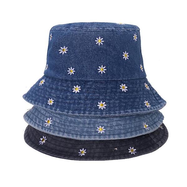 Populär liten prästkrage broderad bomull sommar jeans hink hatt keps för herr vår fiskare hatt utomhus resor solskydd gåva（medium bule）