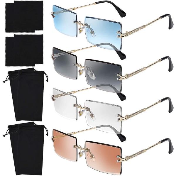 4 Pack reunattomat suorakaiteen aurinkolasit Vintage reunattomat silmälasit Retro-aurinkolasit metallirunkoiset silmälasit miehille naisille