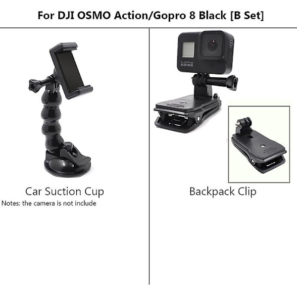 Bil sugekop adapter vinduesglas montering holder til Dji Action 2 Osmo Action til Gopro Hero 5/6/7/8 sort tilbehør（rygsæk klip）