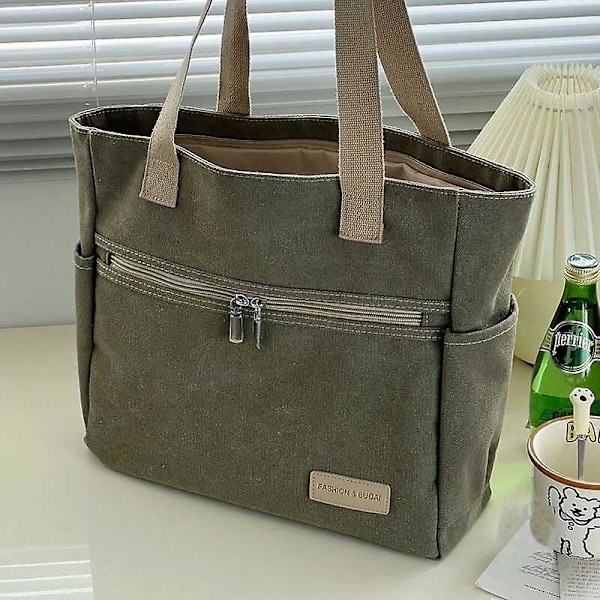 Håndveske Mote Retro Allsidig Lerret Tote Bag Fritid Student Skuldervesker Bærbar Håndveske Med Glidelås For Kvinner（army green）