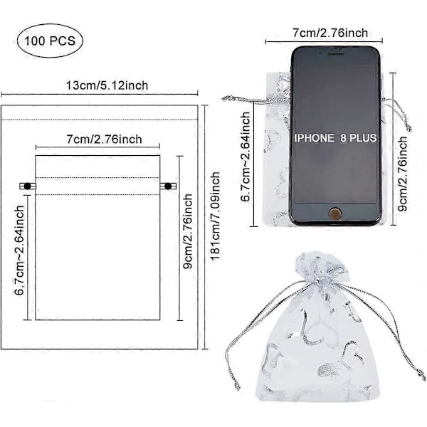 100 st 2,7x3,5 tum Hjärtformade Tryckta Vita Organzabägare Smyckespåsar Organza Dragkedjeväskor Bröllopsfavörer Godispresentpåsar Alla hjärtans dag