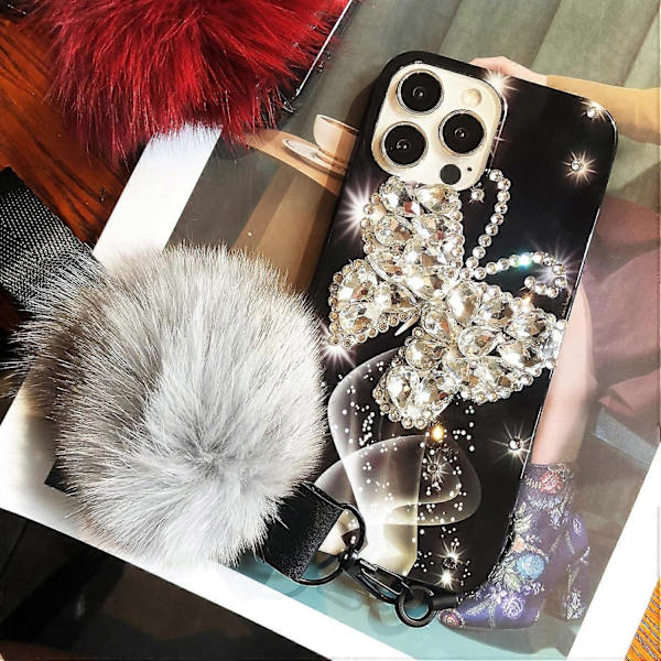 iPhone 13 Girly Case Bling Glitter 3D Diamant Rhinestone Case Söt för Kvinnor Flickor Sparkle Shiny Lyx Kristall Fjäril med Plysch