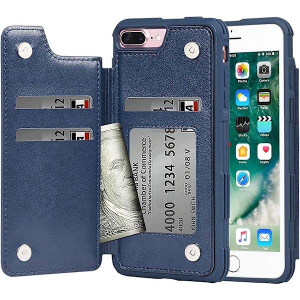 Fodral för iPhone 7 Plus/iPhone 8 Plus - Plånboksfodral med PU-läderfickor för kort [Stöttåligt] Bakre flippskydd för iPhone 7 Plus / 8 Plus 5,5 tum (Blå