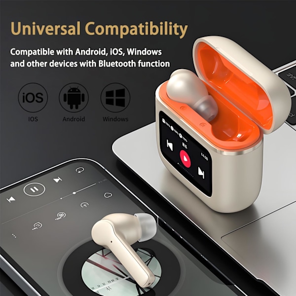 Bluetooth-hörlurar HiFi Stereo, LED Smart Touch Screen Öronproppar, ANC Brusreducerande Öronproppar med Mikrofon, In-Ear Hörlurar för iOS/Android (champagne)