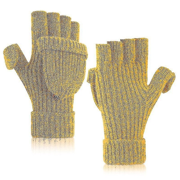 Fingerløse vinterhandsker til kvinder Varme flip-skrivehandsker Strikkede konvertible handsker SMS-handsker（Gul）