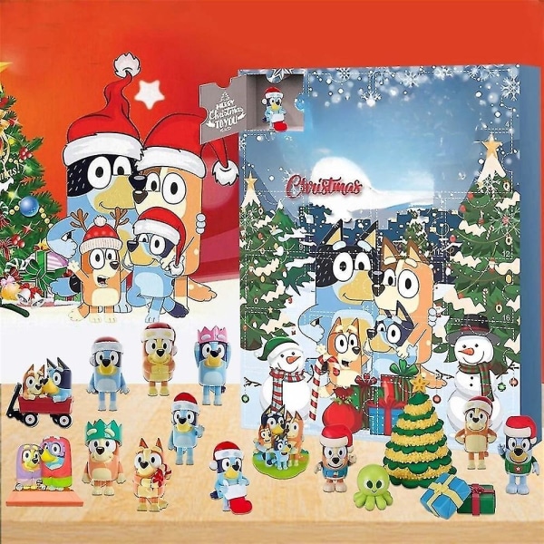 2023 Christmas Bluey adventskalender, Xmas 24-dagers nedtellingskalendere, 24 stk Søt tegneserie Bluey Puppy Figures Dukke Xmas Strømpestopper Funny Kids G