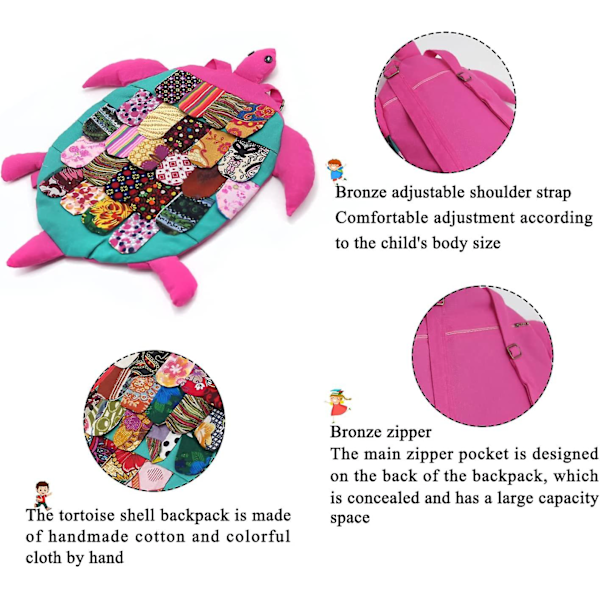 Söt Sköldpaddsryggsäck för Småbarn, Boho-Stil, Cartoon, Fritidsryggsäck för Pojkar och Flickor, Hippie Indie-Väska, Justerbar Rem (Rosa)