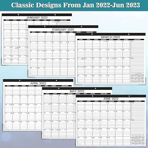 2022 Skrivbordskalender - 2022-2023 43,18 cm x 55,88 cm, jan 2022 - jun 2023, 18 månaders plan, stort horisontellt block, riv av design, 2 hörnskydd A