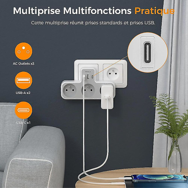 Multi Wall Socket, 3 Wall French Sockets, 1 USB Socket With 2 USB C, 6-in-1 Electric USB C Socket