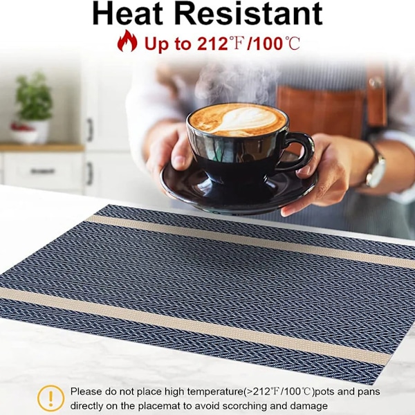 Vävda placemats tvättbara halkfria slitstarka värmebeständiga, tvättbara för kök matbord hotell, (blå)