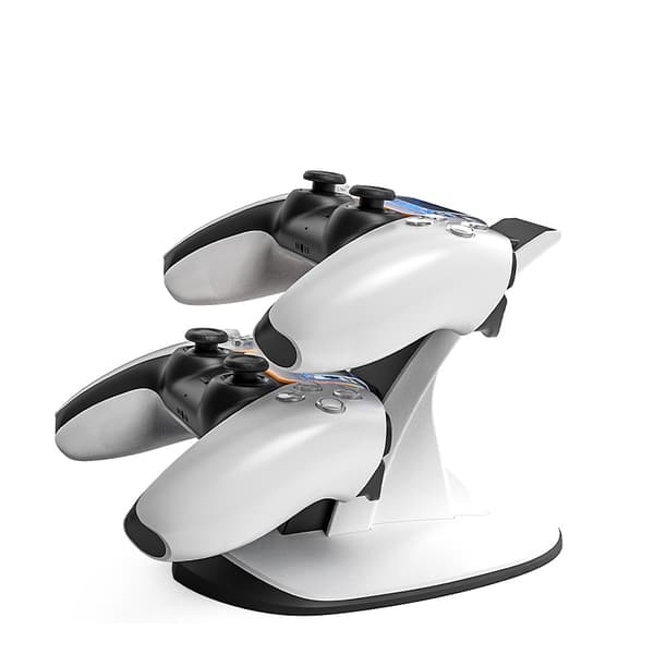 Velegnet til PS5 trådløs controller dobbeltoplader PS5 controller flyoplader med blåt lysindikator PS5 spilcontroller dobbeltoplader