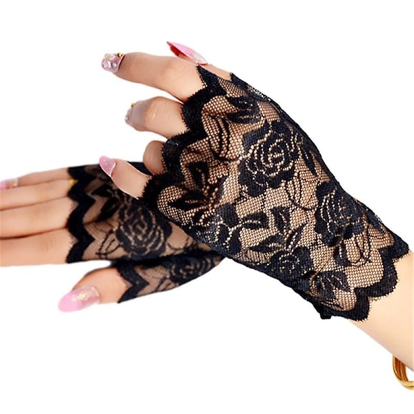 Blondehandsker Fingerløse handsker Casual Elastiske blomsterhandsker Kørehandsker Dekorative bryllupshandsker til kvinder（sort）