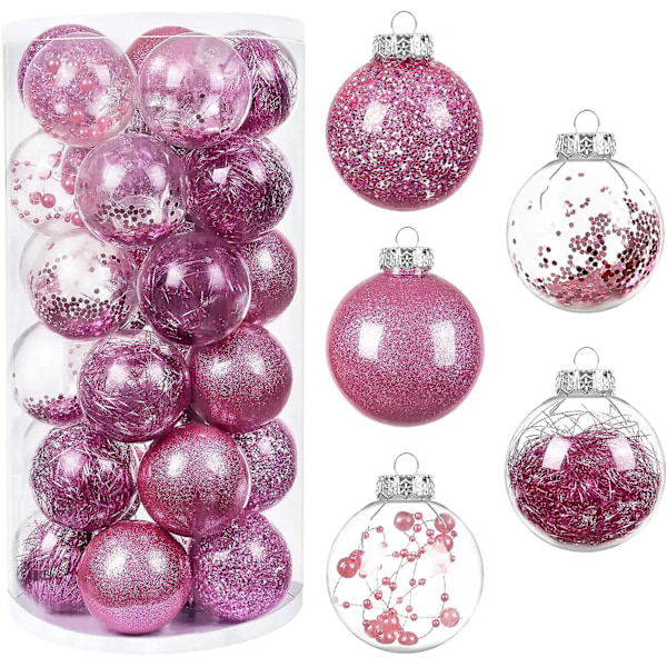 30 st julgranspynt, 5 stilar rosa julgranskulor, 2,36 tum oförstörbara prydnadsföremål för utomhus inomhus semester bröllop