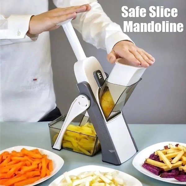 Säker manuell grönsaksskärare 5 i 1 grönsakshackare potatissnöre skärare citronskivor lökgaller kök mandolin gadget（grå）