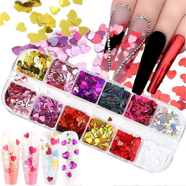 12 Färger Hjärta Holografisk Nagelglitter Sekvens Tillbehör Färgglada 3D Nagelflingor Pulver UV Gellack Akryl Design för Kvinnor Flickor Manikyr Tips