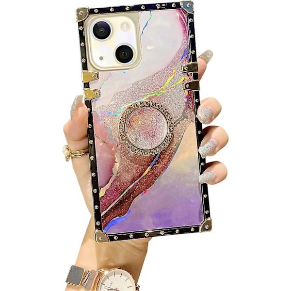 iPhone 13 6.1\" Transparent Skal för Tjejer Marmormönster TPU Lyxigt Skal Stötsäkert Skyddande Robust Passar Apple med Ringstativ Kvadratisk Design - Lila