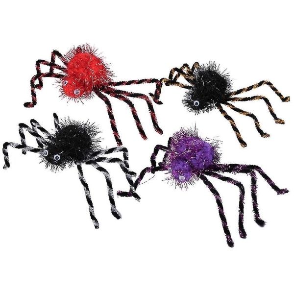 1 sæt 4 stk Halloween plys edderkop dekoration (gylden Sølv Sort Rød Lilla)