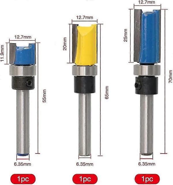 Flush-trimmer med 6,35 mm skaft, flush-trimningsfräsar, 3 storlekar