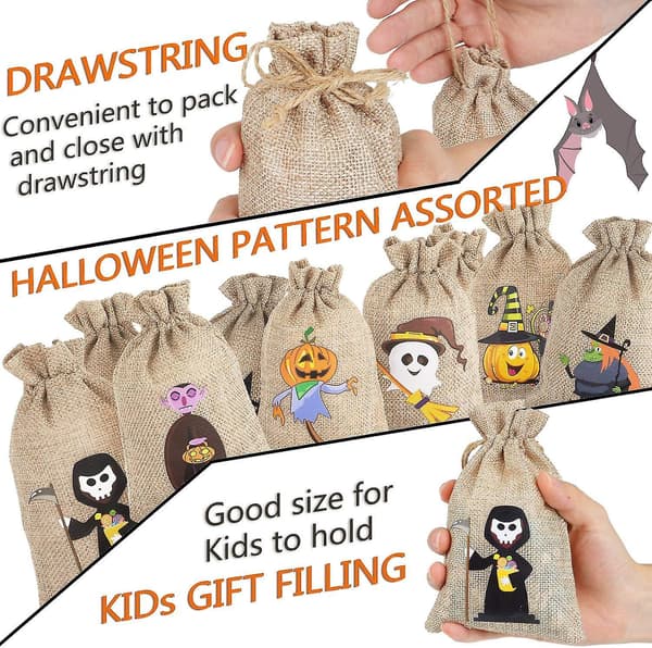 Halloween Juteväskor, 12 stycken små presentpåsar med dragsko för barn