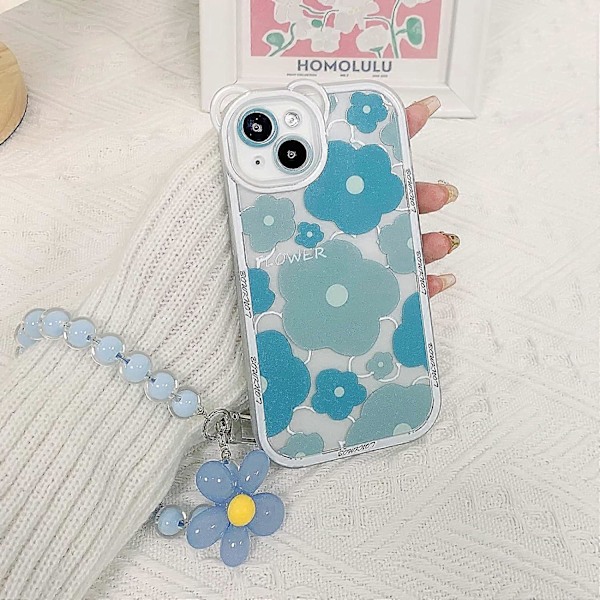 iPhone 13 Skal Transparent Blommig Björnkameras Objektivskal med Söt Blommiga Armbandskedja för Kvinnor Flickor, Mjuk TPU Stötsäker Skydd - Blå