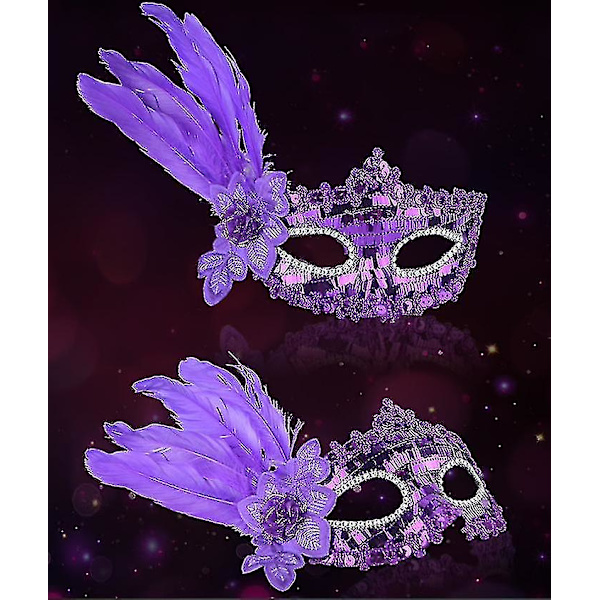 Mardi Gras Mask, Fjäderögonmask för Halloween (lila)