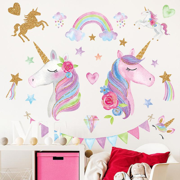 Unicorn vægklistermærker klistermærker til pigeværelse, stor størrelse Unicorn vægklistermærker dekorationer til piger Børn Soveværelse fødselsdagsfest