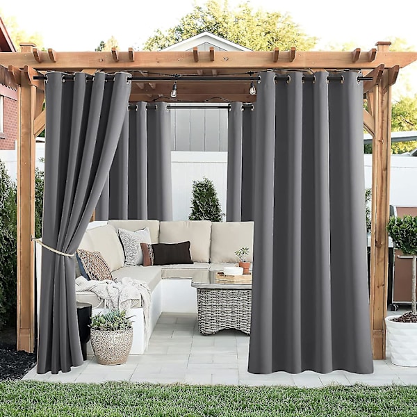 Utomhusgardiner - Set med 2 isolerade mörkläggningsgardiner, vattentäta inomhus/utomhus dekoration med öljetter, trädgård, B 132 x H 213 cm, grå