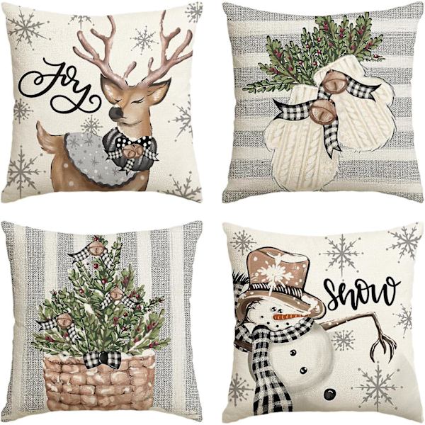 Julkuddar 18x18 Set om 4 Rosa Ränder Tomte Snögubbe Snöflinga God Jul Gran Låt Det Snöa