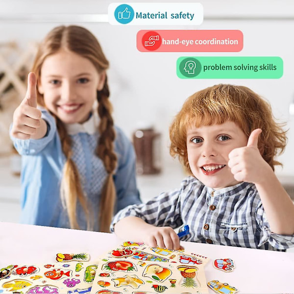 Pussel för småbarn, träpussel med knoppar för småbarn, 3-pack havsvärld, transportmedel, fruktpussel för barn 3-6 år, tidig pedagogisk förskola