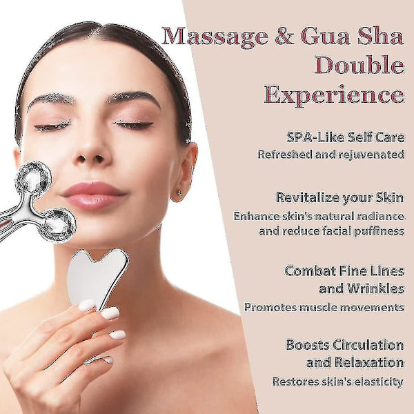 Rostfritt Stål Gua Sha och Ansiktsrulle Set, Gua Sha Ansiktsverktyg, Ansiktsmassagerare(hy)