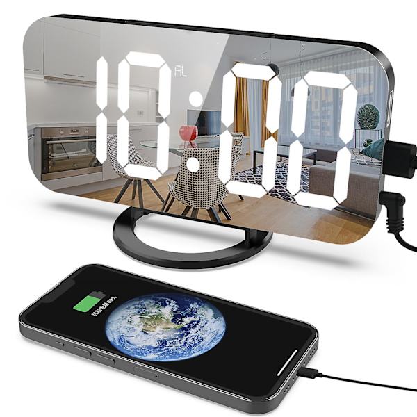 Digital väckarklocka, stor speglad LED-display, med USB-laddare, snooze-funktion dimläge väggmonterad bredvid skrivbordsklocka för sovrum (svart)