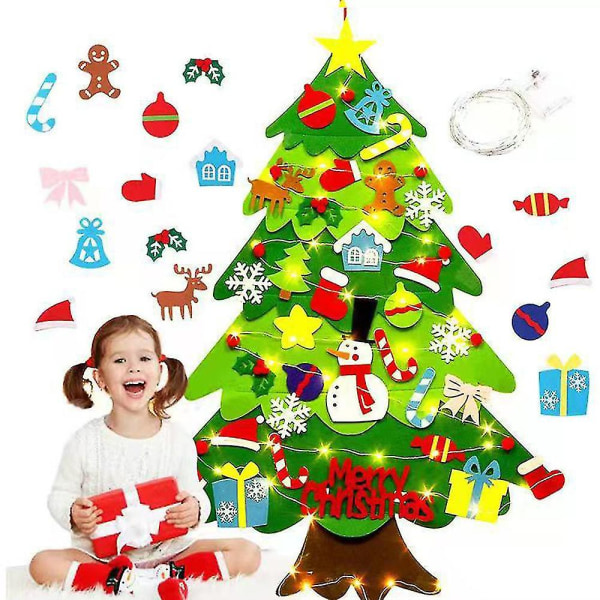Gjør-det-selv filt juletre til barn gave, med avtakbare 32 stk ornamenter med LED-lys til jul nyttårsdekorasjon