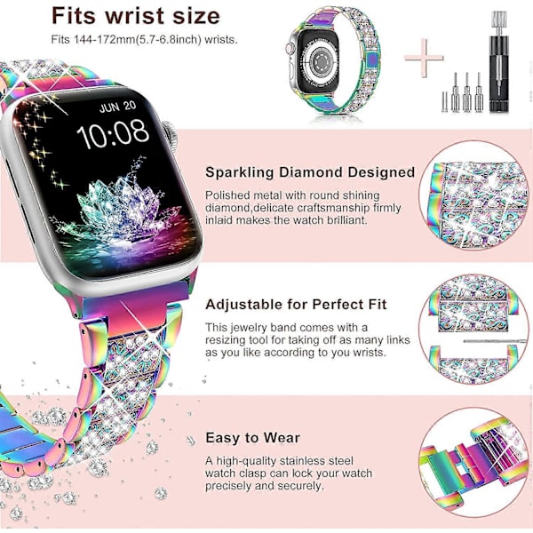 Armband för Apple Watch 45mm 44mm 42mm Serie 7 Serie 6 5 4 3 2 1 SE, Bling Ersättningsarmband iWatch Armband, Diamant Strass Rostfritt Stål Metall W