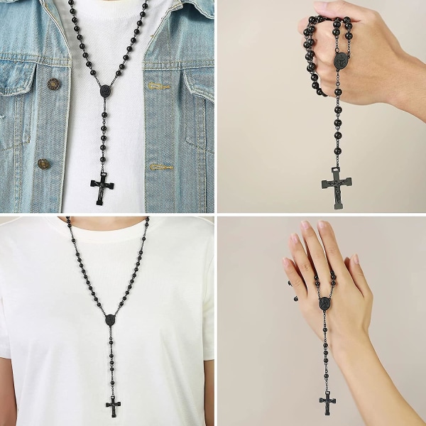 Wabjtam Unisex Svart Rostfritt Stål Lång Rosenkrans Kedja Jesus Kors Katolsk Kors Halsband Svart