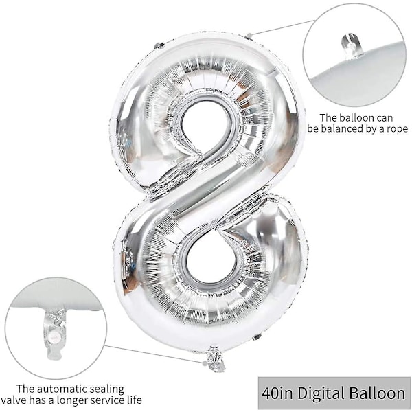 Heytea 40-tums Silver Stor Aluminiumfolie Nummerballong födelsedagsfestfirande Dekoration Stor Ballong (40-tums Silver) (8)