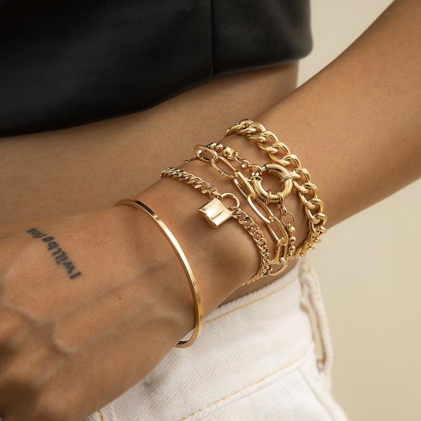 WABJTAM 5 st guldkedjelänkarmband för kvinnor, 14K guldpläterad läcker justerbar kubansk gem Stackarmband armband för kvinnor flickor smycken present