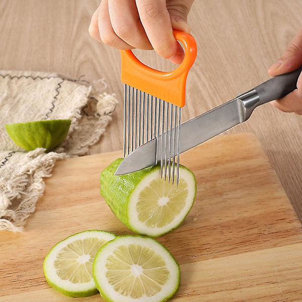 Löknålsgaffel i rostfritt stål, grönsaksskärare för frukt, tomat, skärare, skärhållare, säker gaffel, kökstillbehör (blå)