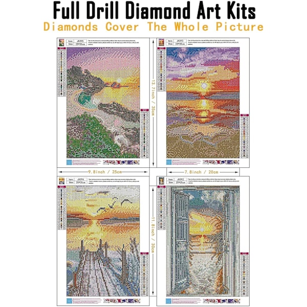 4-pack Diamantmålningskit för Vuxna Nybörjare, rund Full Borrning Havsutsikt Solnedgång Landskap Ädelstenskonstkit, Hemväggdekor 25 x 35 cm