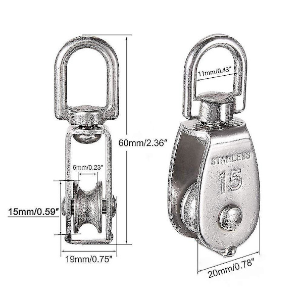 M15 304 Rustfrit Stål Enkelt Trisse, 15mm Enkelt Trisse Blok Rulle, Kran Svingbar Krog Glat Wire Reb Kabel Belastning 77lbs/35kg (6 Stykker)