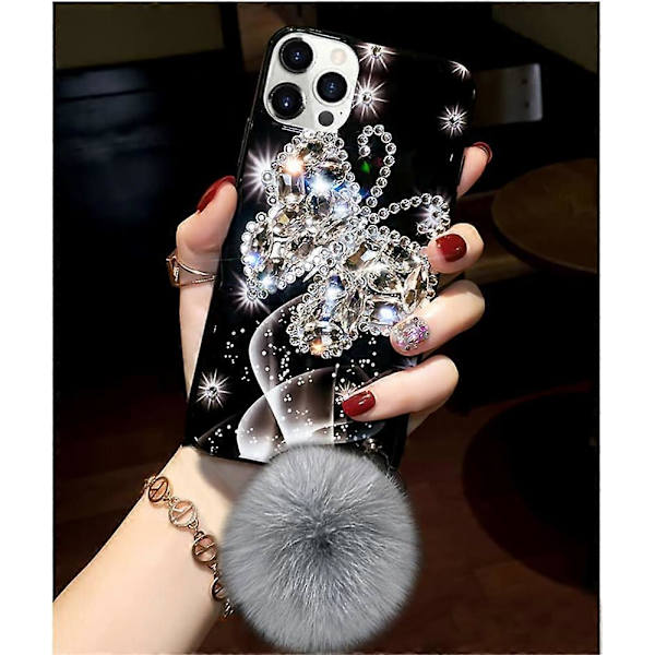 iPhone 13 Girly Case Bling Glitter 3D Diamant Rhinestone Case Söt för Kvinnor Flickor Sparkle Shiny Lyx Kristall Fjäril med Plysch