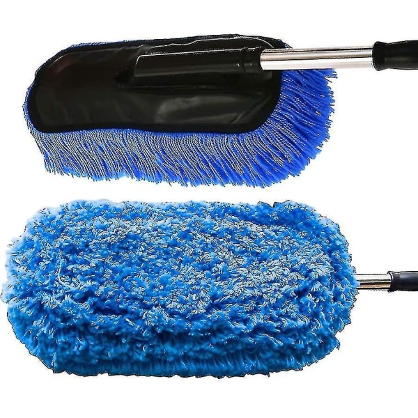 Microfiber Car Duster Wash Mopp med förlängbart handtag för exteriör och interiör, luddfri repfri rengöringsborste rengöringsverktyg (blå)